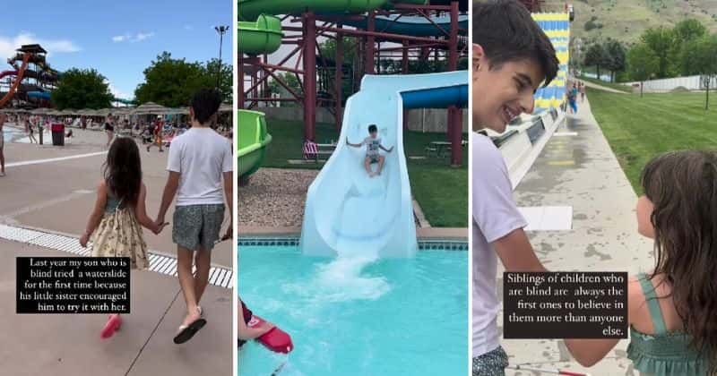 Boy who is blind tries waterslide for the first time with his sister's encouragement: 'So precious'