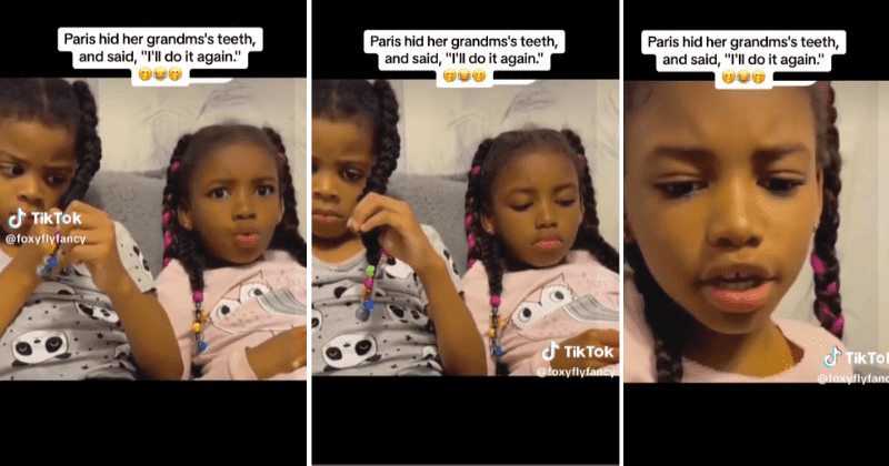 Two little girls get hilariously interrogated by their mom for hiding their grandma's dentures