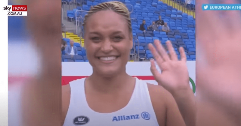 Belgian shotputter Jolien Boumkwo runs 100m hurdles to save her team from disqualification