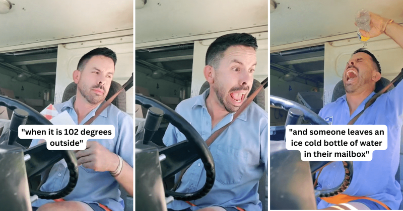 Postal worker can't hide joy after stranger leaves cold water bottle in their mailbox on a hot day
