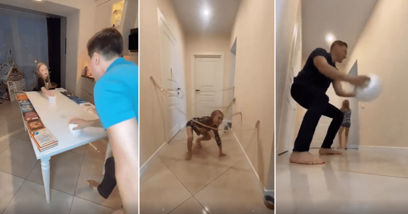 Father shows how fun it can be to play indoor games with children and keep them entertained