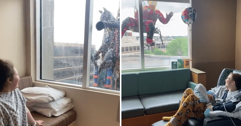 Window cleaners cheer up kids in the hospital by dressing up as superheroes: 'Bless those people'