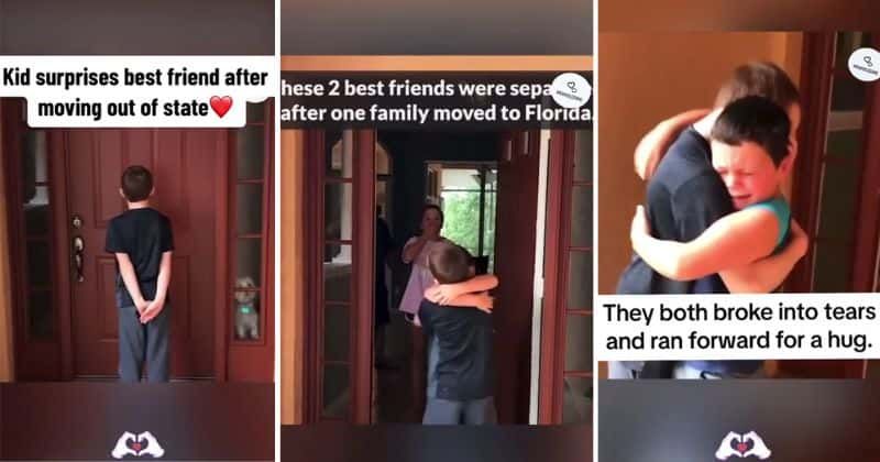 Boy cries tears of joy after reuniting with best friend who had moved out of the state