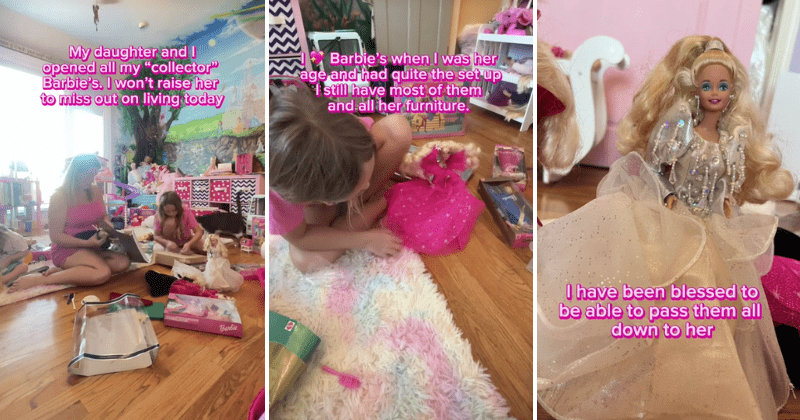 Little girl radiates joy as she unboxes her mother's treasured vintage Barbie doll collection