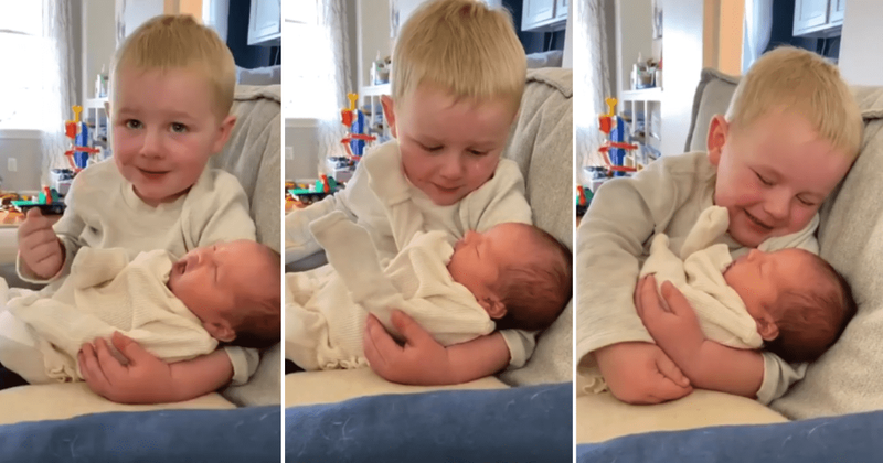 Elder brother's reaction when he first held his newborn sister is priceless