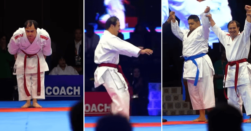 Para-Karate champion with Down Syndrome happily shares the winning moment with the opponent