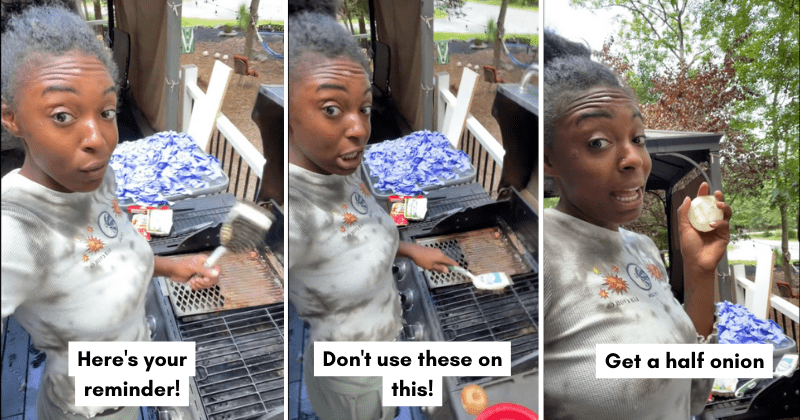 Woman explains how using onions for grill cleaning outperforms wire brushes completely