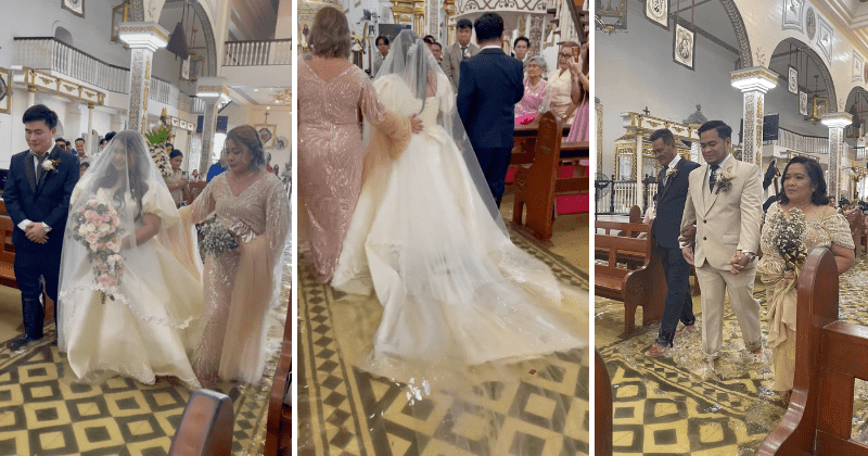 Bride gracefully walks down flooded church aisle after typhoon Doksuri hits Philippines