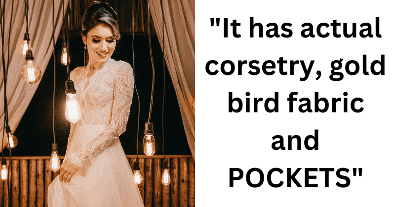 Woman on cloud nine after finding dream wedding gown with corset and pockets for free at thrift store