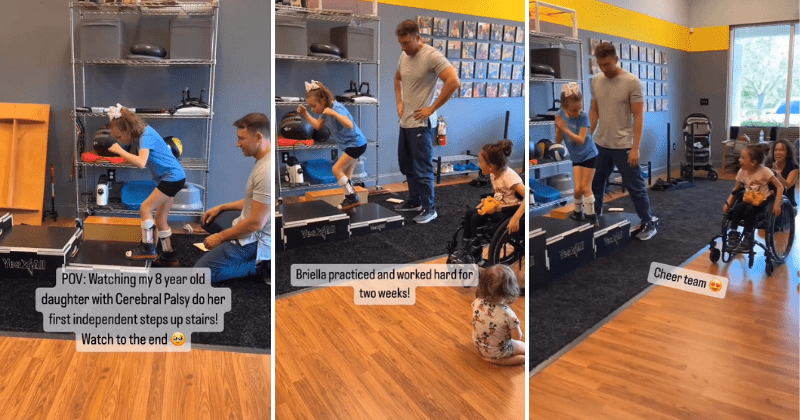 Little girl with cerebral palsy climbs stairs independently for the first time in heartwarming clip