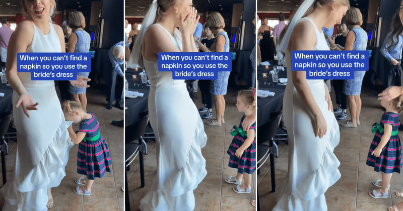 'Chill' bride's easygoing reaction to little kid wiping her face with her dress wins hearts online