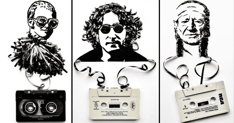 Artist creatively uses cassette tapes to create astounding portraits of famous musicians