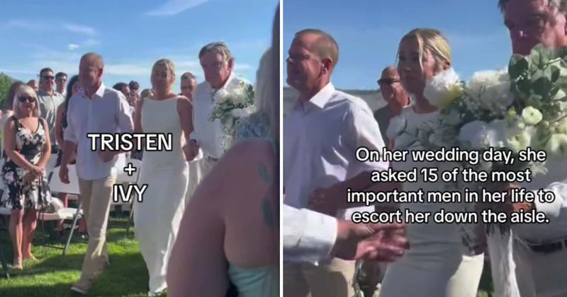 Bride honors the 15 most important men in her life by having them walk her down the aisle