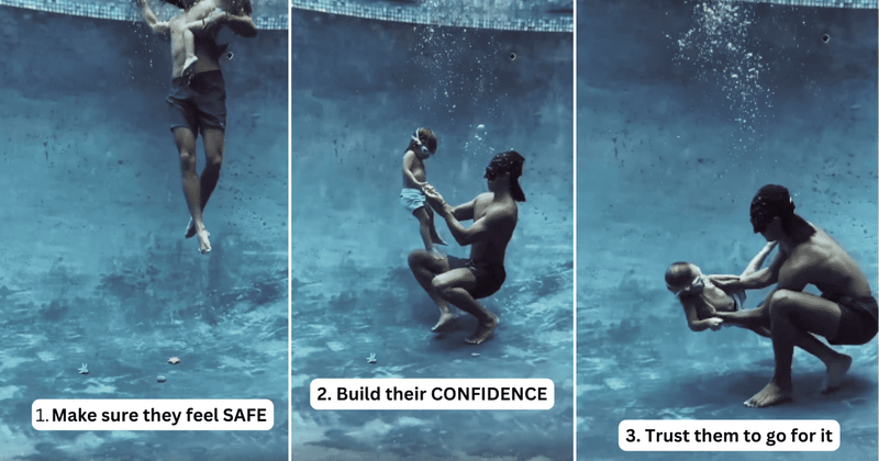Father instills confidence in young boy for diving with a unique and careful approach