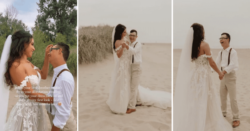 Bride dresses up again for first look and dance with brother who couldn't attend her wedding