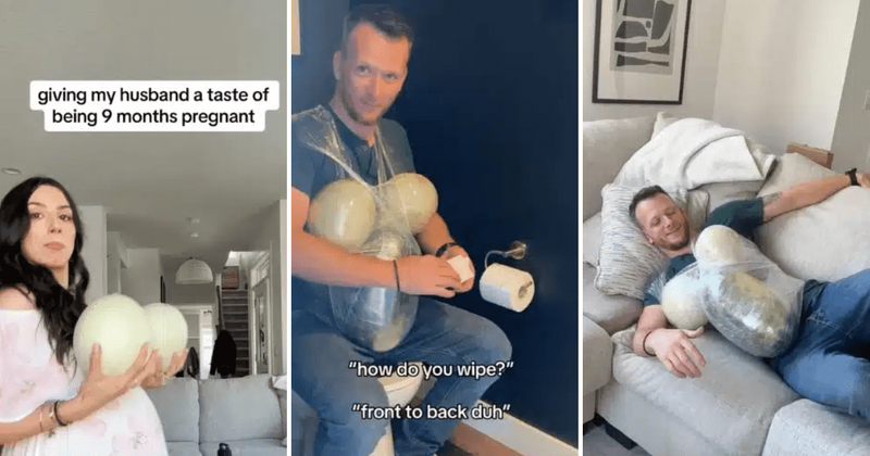 Woman straps heavy fruits on husband to let him experience the difficulties of pregnancy