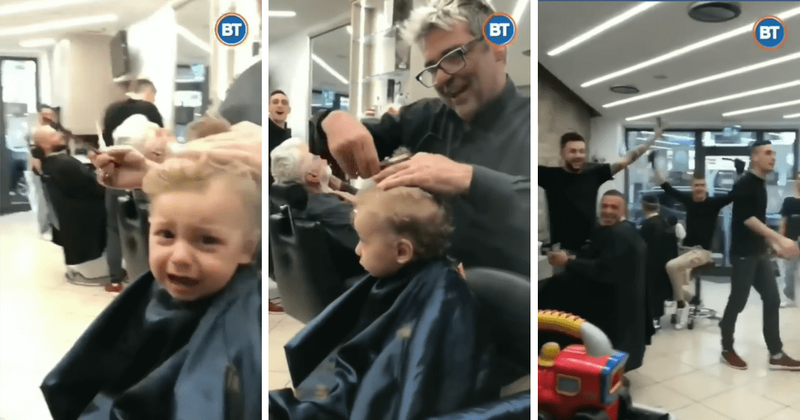 Entire barbershop breaks into a song to calm down young boy during his first hair cut