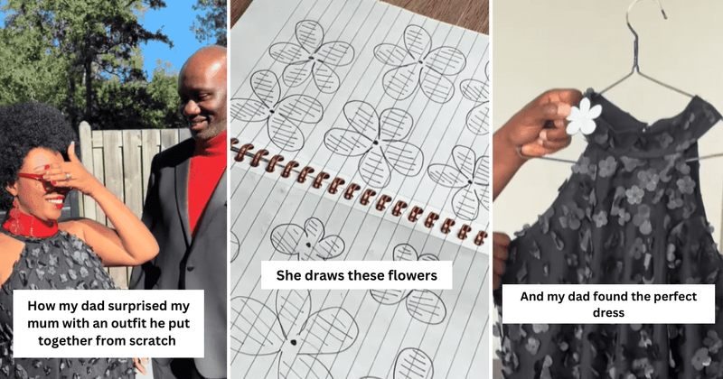 Husband surprises wife with thoughtful dress inspired by flowers she drew while talking to him
