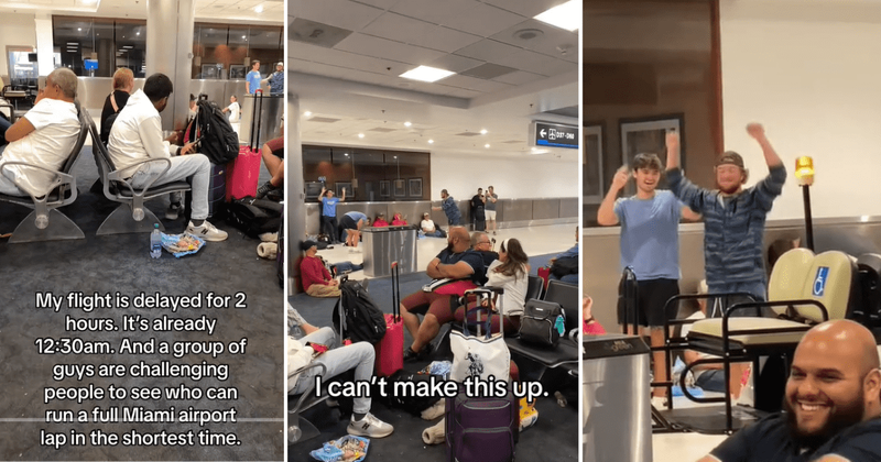 Passengers waiting for a delayed flight raced and danced with each other to pass time