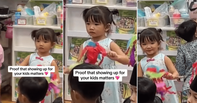 Little girl has a joyful reaction to spotting parents during performance at school