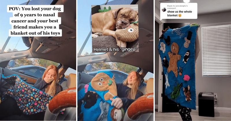 Woman grieving her dog breaks down in tears after getting blanket made from his favorite toys as gift