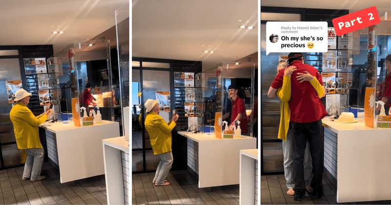 Grandson has priceless reaction after granny shows up at his work to surprise him on his birthday