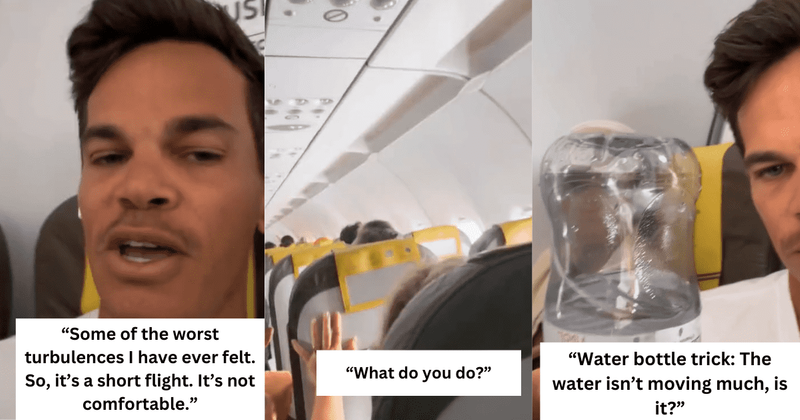 Pilot traveling as a passenger shows how to remain calm and deal with turbulence using water bottle