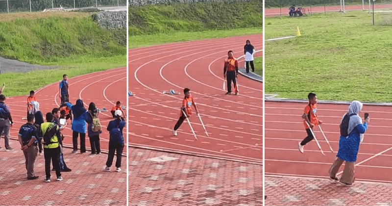 Boy on crutches comes last in 100 meters race but wins hearts as teacher cheers him on