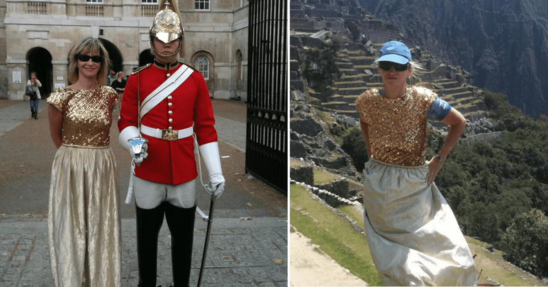 A woman has been wearing her 1988 bridesmaid's dress on adventures around the world for 35 years