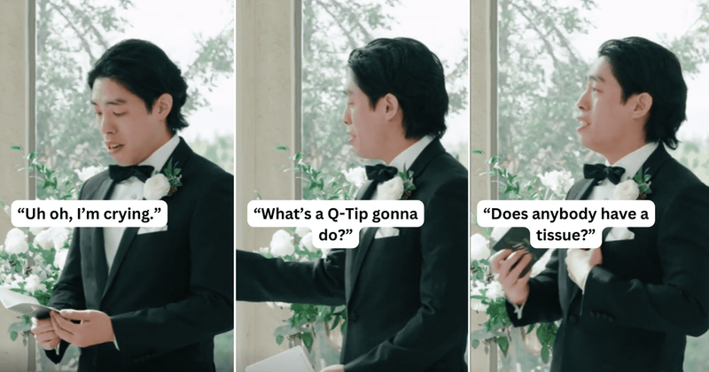 Groom breaks into tears as he reads wedding vows to his bride and asks for a tissue adorably 