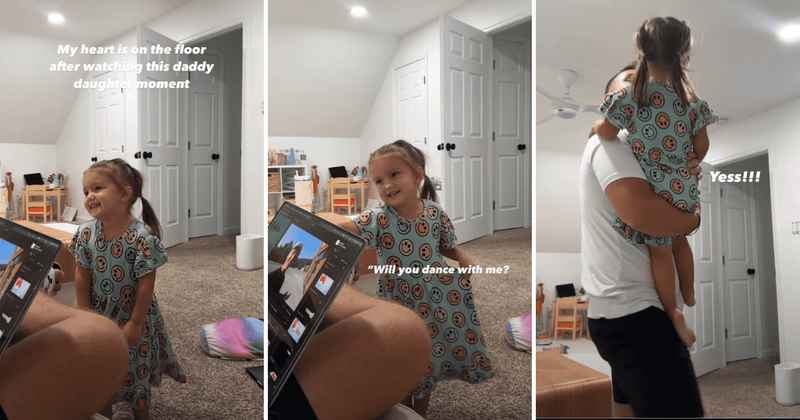 Adorable little 'princess' inviting dad to dance with her is a sight straight out of a fairytale