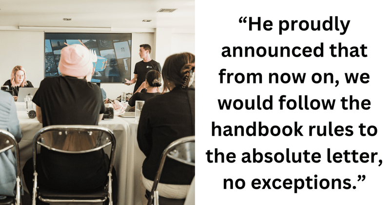 Employees follow outdated company handbook as ordered by boss, severely affecting office productivity