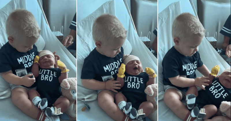Toddler adorably refuses to accept his position as the 'youngest' has been taken away by baby brother