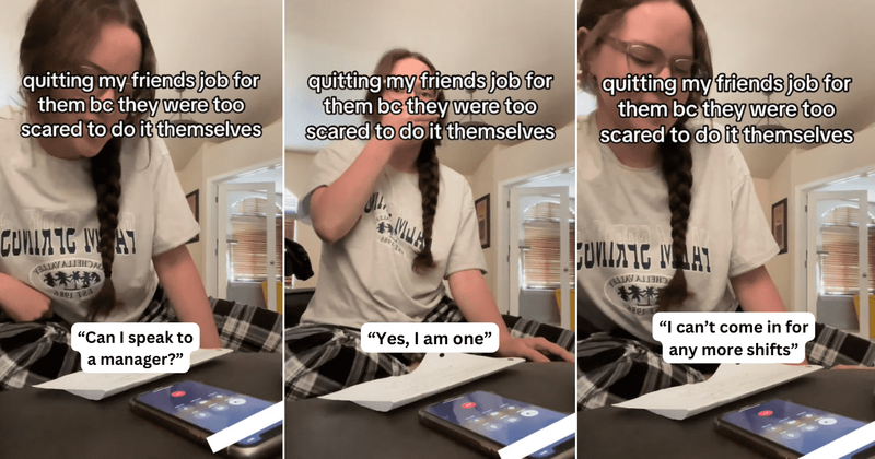 Woman steps in to help a nervous friend quit their toxic job in the best way possible