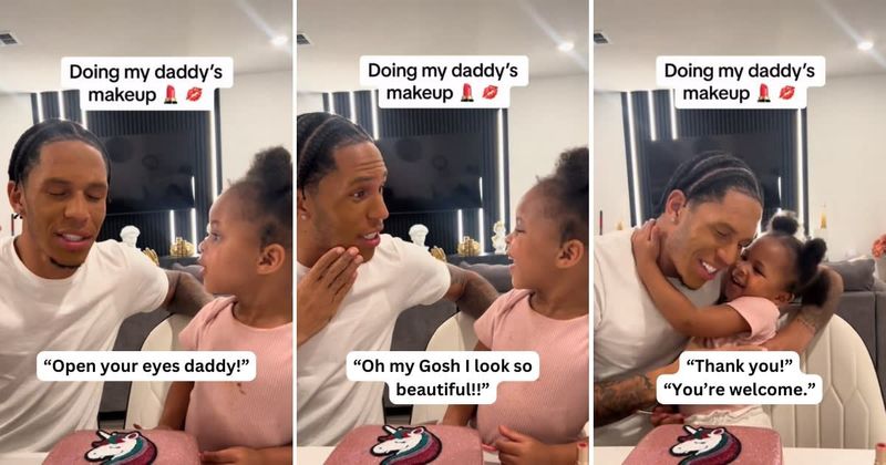 Little daughter has the most adorable reaction after her father lets her do his makeup 