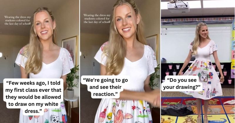 Teacher creates a dress out of her student's drawings to wear on the graduation day