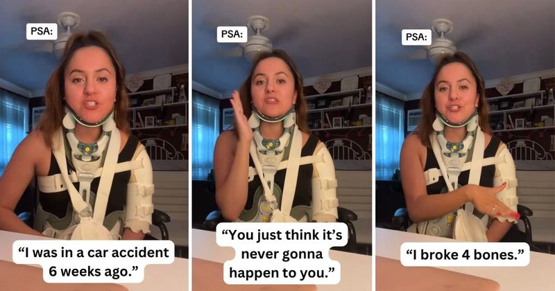 Woman issues safety PSA on what not to do in passenger seat using her own example after car accident