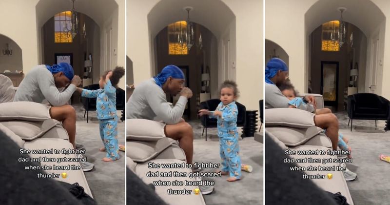 Toddler acting tough in front of dad adorably runs into his arms as soon as she hears the thunder