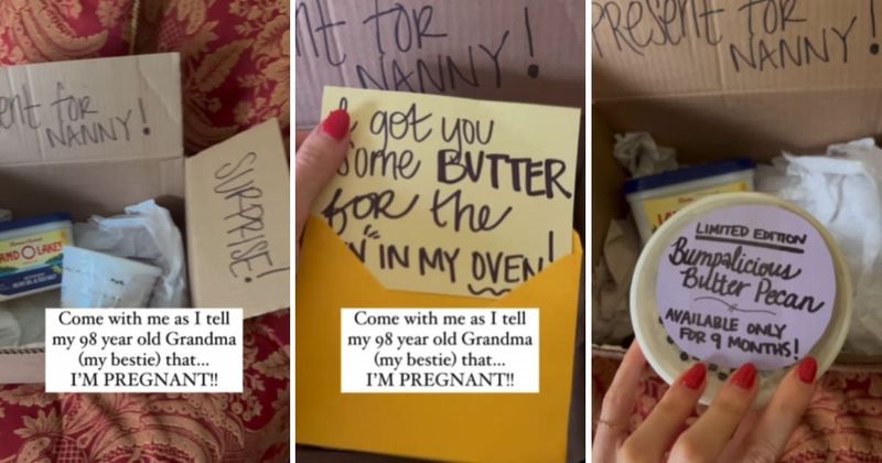 Woman surprises 98-year-old grandma with creative 'bun in the oven' pregnancy reveal