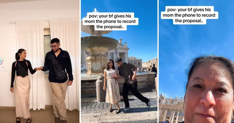 Mom has the most hilariously adorable reaction after accidentally photobombing son's proposal video
