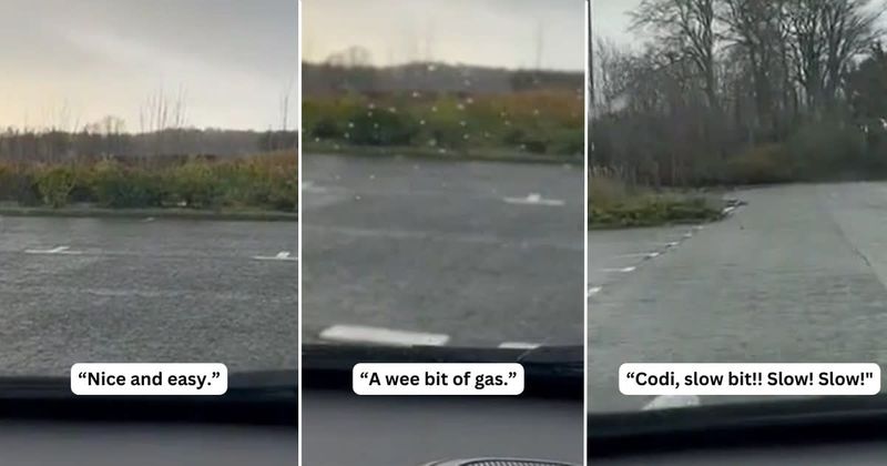 Father giving daughter driving lesson in the parking lot takes a hilarious turn after she speeds up