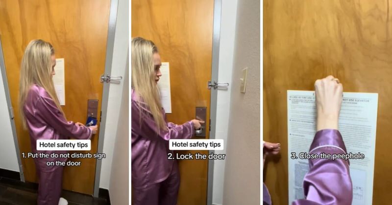 Female traveler shows how she keeps herself safe in hotel rooms using extreme 7-step routine