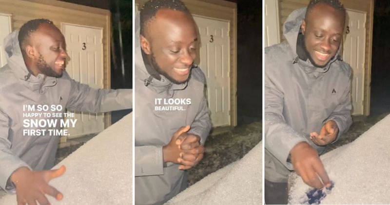 Man from Uganda is on cloud nine after seeing snow for the first time in his entire life