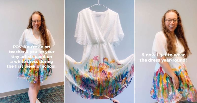 Art teacher left in awe as children paint her a 'rainbow dress' as a gift on the first week of school