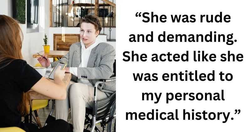 Woman in wheelchair confronts an intrusive stranger who keeps asking her unsettling questions