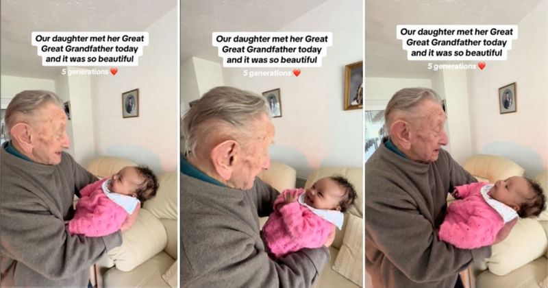 Baby has the most adorable reaction to meeting her great-great-grandfather for the very first time