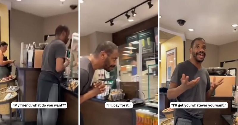 Man makes a kind gesture for a homeless man looking for clean water at Starbucks