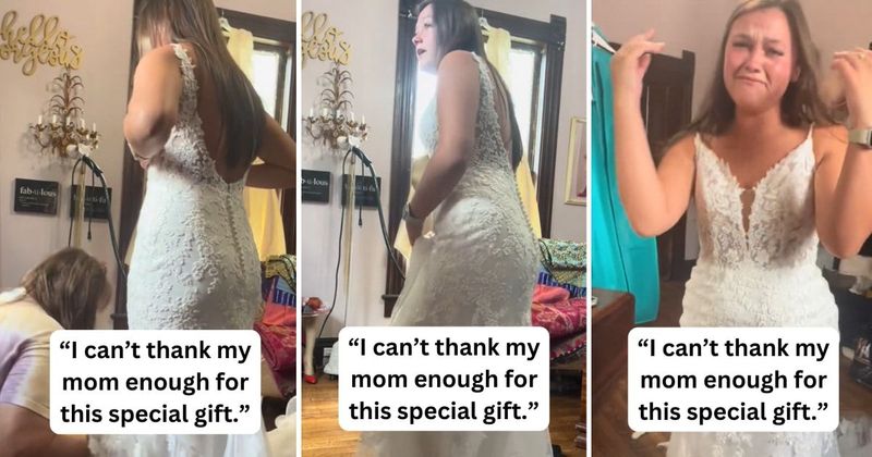 Bride trying on wedding dress sobs her heart out after receiving the most heartwarming gift from mom