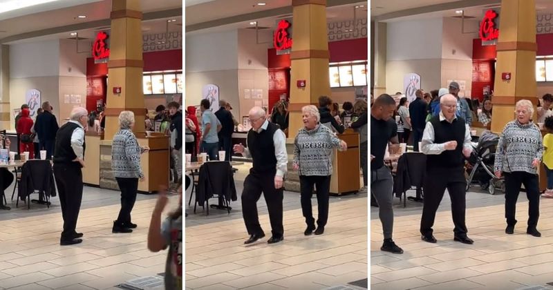 Elderly couple matches steps and dances to peppy music like no one's watching at mall's food court