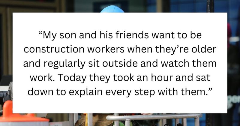 Construction workers sit down with little kids to explain what they do for a living